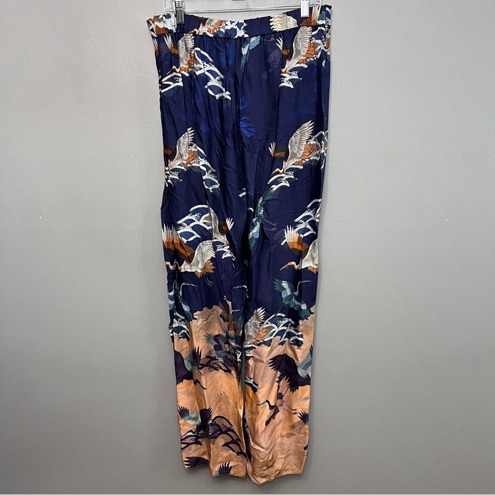 ASOS Two Tone Satin Crane Bird Print Wide Leg Pants Size 12 - Picture 5 of 10